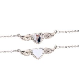 Pendentif Colliers DIY Sublimation Blank Couples Collier Designer Bijoux Love Wing Heart Femme Party Po Cadre Sier pour les femmes S Dhm6F