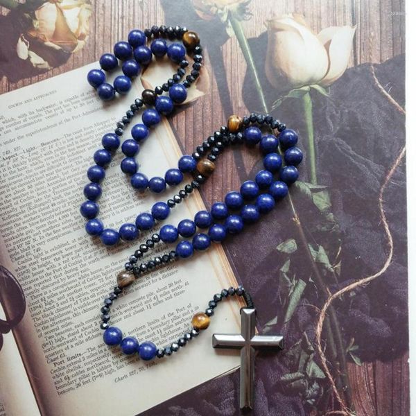 Pendentif Colliers Diyalo Catholique Bluestone Cristal Tiger Eye Pierre Priez Perles Chaîne Hématite Croix Chapelet Collier Chaplet Confirmation