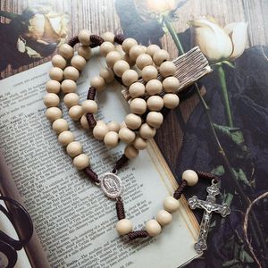 Hanger Kettingen Diyalo Katholieke Kruisbeeld Jesus Cross Ketting Hand Geweven Touw Ketting Houten Kraal Rozenkrans Vrouwen Mannen Sieraden Gift