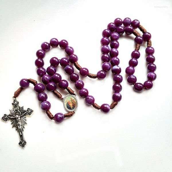 Collares pendientes Diyalo Católica María Sagrada Familia Crucifijo Jesús Cruz Collar Tejido a mano Rosario púrpura Cuentas Joyería