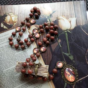 Hangende kettingen diyalo Christus Jezus kruisen maagdelijke hart ketting donkere rode natuursteen rozenkrans kralen katholieke sieraden geschenk