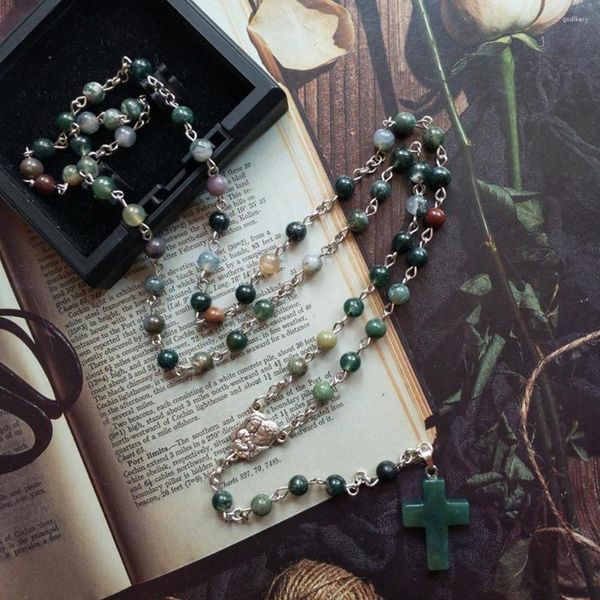 Pendentif Colliers Diyalo Vert Foncé Pierre Perles Chaîne Croix Sainte Famille Médaille Rosaire Collier Prière Chaplet Confirmation Baptême Bijoux