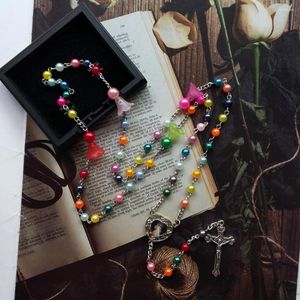 Collares pendientes Diyalo Niñas Pequeñas cuentas de colores Cadena Oración Coronilla Corazón Nuestra Señora Jesús Medalla Cruz Rosario Collar Confirmación