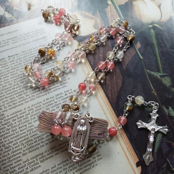 Collares colgantes Diyalo Nuestra Señora de Guadalupe Medalla Natural Sandía Perlas Cadena Rosario Collar Católico Crucifijo Cruz Oración Chaplet