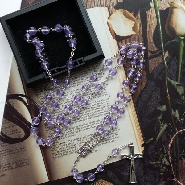 Pendentif Colliers Diyalo Violet Chaîne Perlée Notre Dame De Lourdes Vierge Marie Médaille Crucifix Croix Chapelet Collier Prière Chapelet Religieux