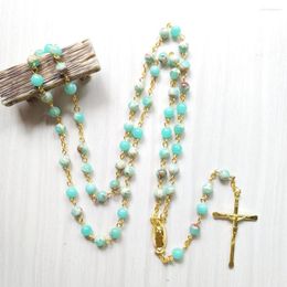 Hangende kettingen diyalo unieke serpentine stenen kralen ketting goudkleur Onze -Lieve Vrouw van Guadalupe medaille Crucifix Cross Rosary ketting Gebed