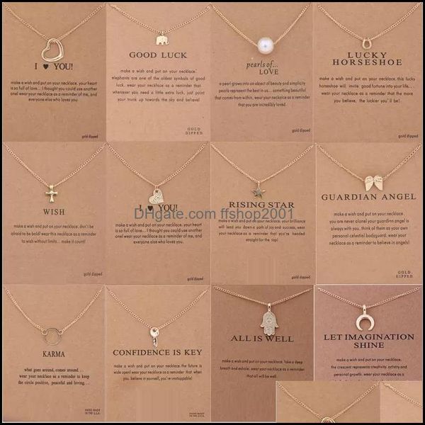 Collares colgantes Collar Dogeared con tarjeta de regalo Elefante Perla Amor Alas Cruz Clave Signo del zodiaco Brújula Loto para mujeres Moda Je Dhfly