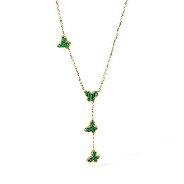 ALLNEWME Dainty Vert Pierre Naturelle Malachite Papillon Y Forme Pendentif Colliers pour Femmes Or 18K Acier Inoxydable AA230428