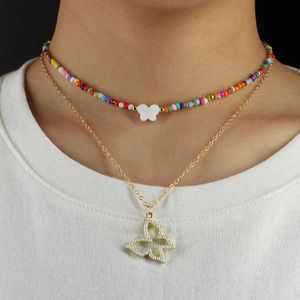 Hangende kettingen koepelcamera's kleurrijke kralen choker vrouwen glanzende parelschelp vlinder hanger ketting dubbele laag sleutelbeen ketting mode sieraden acc aa230428