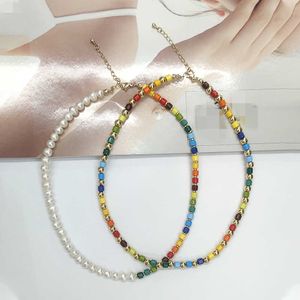 Hanger kettingen koepelcamera's kkbead boho regenboog tegel kralen ketting choker vrouwen kleurrijke email kralen collier natuurlijke zoetwater parel kettingen aa230428