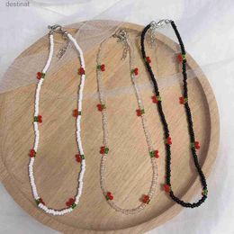 Pendentif Colliers Donarsei bohême perlé rouge cerise collier pour les femmes mignon à la main Fruits graine perle Sautoirs colliers Boho bijouxL242313