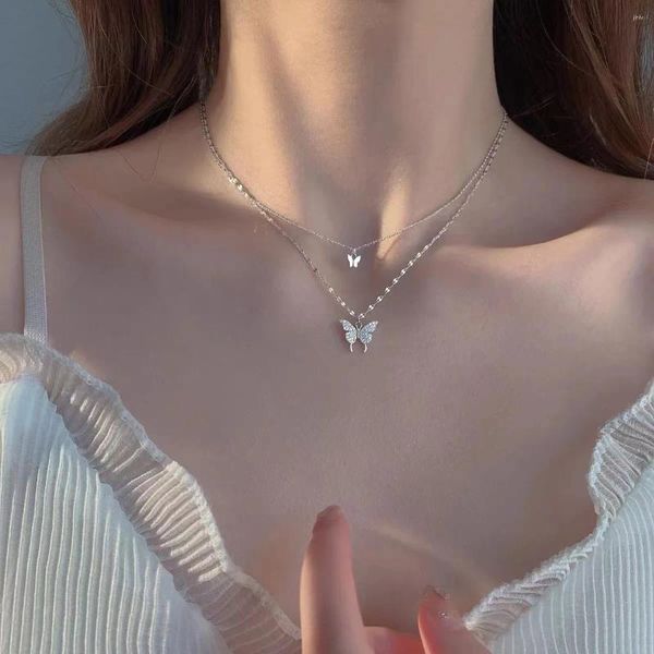 Pendentif Colliers Double Papillon Luxe Fée Cristal Pour Femmes Mode Coréenne Argent Couleur Petite Amie Cadeau Bijoux KBN022