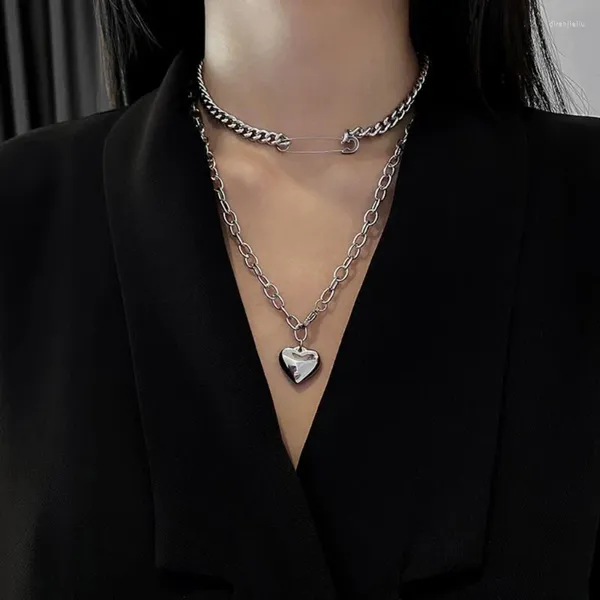 Colliers pendentif double chaîne ras du cou réglable coeur collier broche en forme de chaînes de clavicule