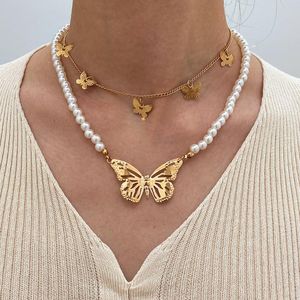 Pendentif Colliers Double Couche Creux Papillon Collier Pour Femmes Perle Cou Chaîne Mignon Femelle Bijoux Cadeau