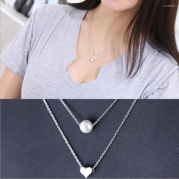 Pendentif Colliers Double Couche Collier Pour Femmes Mode Imitation Perle Cristal Coeur Sautoirs Bijoux Filles Cadeau En Gros