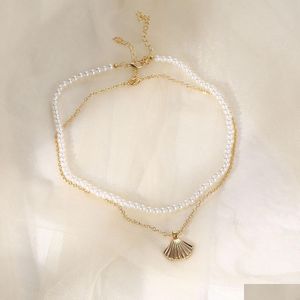 Collares colgantes Doble capa Pearl Shell Gargantilla Collar para mujeres Bohemia Vacaciones de verano Playa Vieira Ocean Girls Joyería Drop Dhnsz