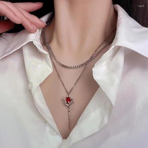 Pendentif Colliers Double Couche Rouge Zircon Rose Couche Fleur Pierre Chaîne Collier Irrégulier Floral Esthétique Bijoux Cadeau Décor