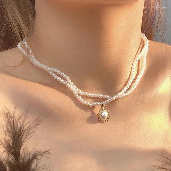 Collares colgantes Collar de cadena clavicular de perlas de doble capa para mujeres Joyería de moda Accesorios minimalistas