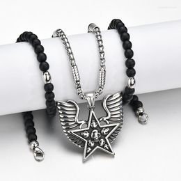 Hangende kettingen dubbele vleugel skelet pentagram ketting zilver kleur roestvrijstalen ketting zwarte stenen kralen