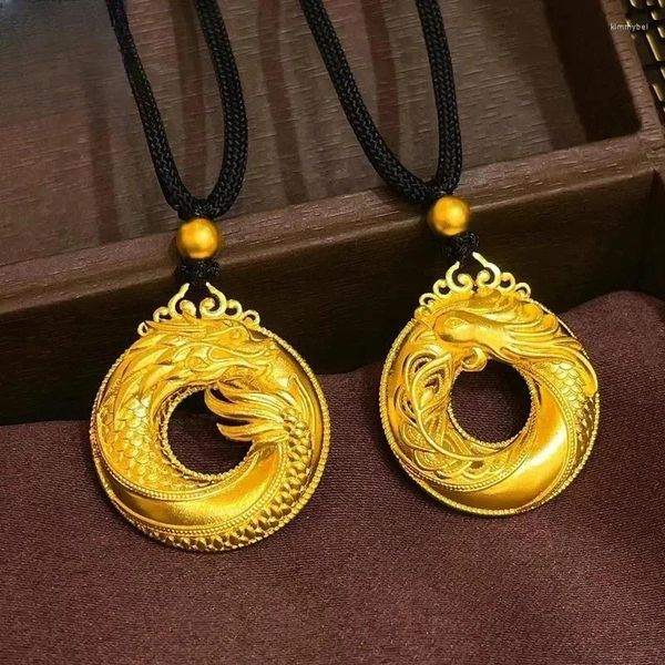 Collares colgantes Dragón y Fénix Hebilla auspiciosa Pareja del zodíaco chino Un par de amantes Collar de cuerda colgante