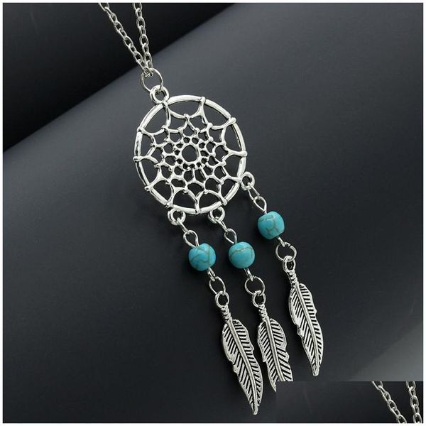 Pendentif Colliers Dream Catchers Ras Du Cou Vintage Sier Ailes Plume Feuille Turquoise Collier Réglable Pour Les Femmes S Mode Drop Deliv Dhixl