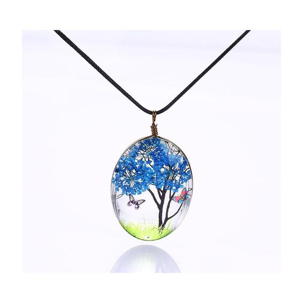 Collares pendientes Flor seca Árbol de la vida Collar de cristal Cuerda de cuero Larga para mujeres Niñas Joyería Regalo Entrega de la gota Colgantes Dhlzr