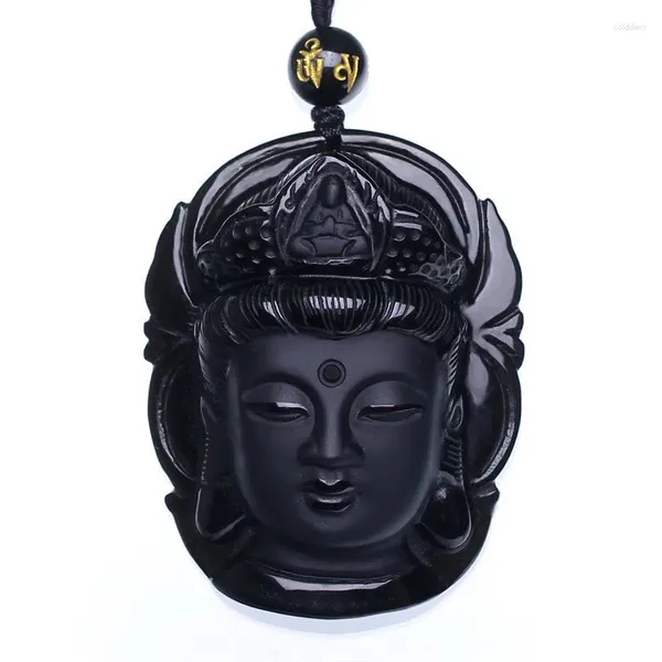 Pendentif Colliers Goutte Perle Rideau Naturel Noir Obsidienne Gommage Guanyin Tête Pendentifs Transbordé Bouddha Guérison Reiki Cadeau