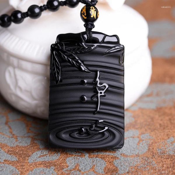 Pendentif Colliers Goutte Fine Sculpture Naturelle Obsidienne Sculptée Jing Xin Noir Hommes Bijoux