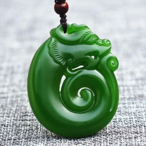 Pendentif Colliers Drop Green Jades Collier Sculpté Double Face Creux Chinois Dragon Fortune Amulette Femmes Bijoux De Mode