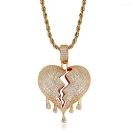 Pendentif Colliers Goutte Coeur Cassé Hip Hop CZ Pierre Pavé Bling Glacé Pour Hommes Rappeur