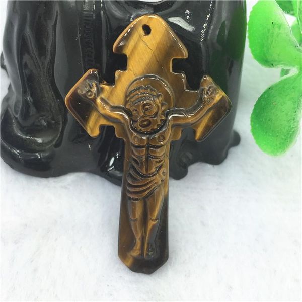 Pendentif Colliers Drop Haute Qualité Naturel Oeil de Tigre Jésus Croix Avec Collier Sculpté À La Main Corde Gratuite En Gros