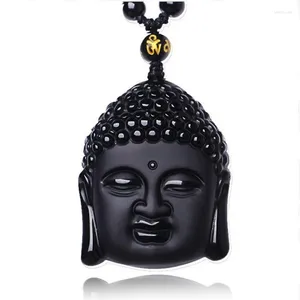 Pendentif Colliers Drop Naturel Noir Obsidienne Sculpté Bouddha Tête Chanceux Amulette Collier Femmes Hommes Pendentifs Bijoux Cadeau De Guérison