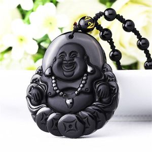 Pendentif colliers goutte obsidienne noire naturelle sculpté bouddha chanceux amulette collier pour femmes hommes bijoux fins cadeau de guérison