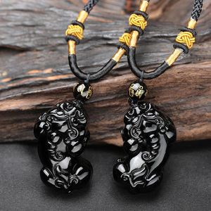 Hangende kettingen laten natuurlijke zwarte obsidiaan gesneden Boeddha pixiu dier gelukkige amulet ketting voor vrouwen mannen hangers sieraden