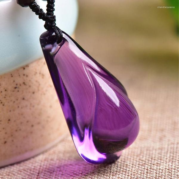 Pendentif Colliers Goutte Violet Cristal Sculpté À La Main Magnolia Fleur Chandail Chaîne Collier Chanceux Pour Les Femmes À La Main Original Bijoux