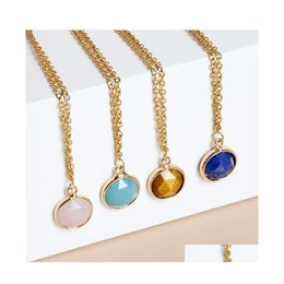 Collares colgantes Druzy Cristal Collar de piedra natural Ojo de tigre Borde de oro Estilo redondo Amatista Cuarzo rosa Chakra Joyería curativa F Dhxin