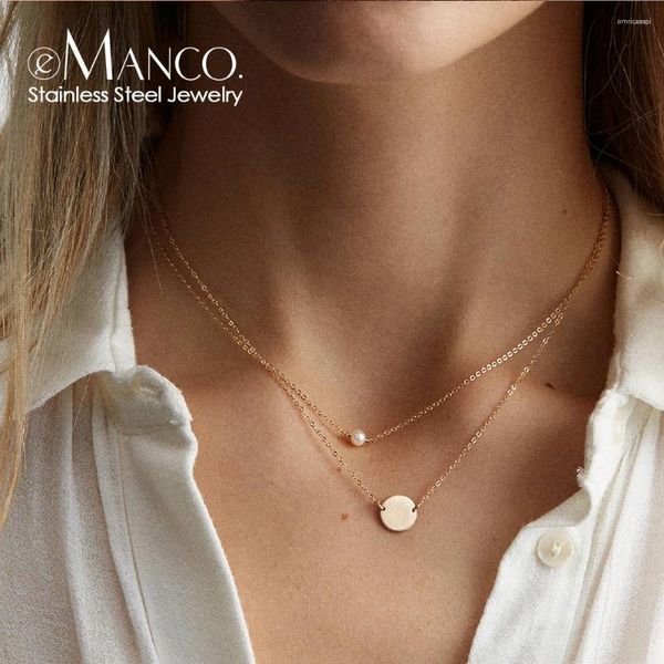 Colliers pendants e-Manco Imitation en acier inoxydable Collier de perle femelle Bijoux de chaîne en couches dorées cadeau