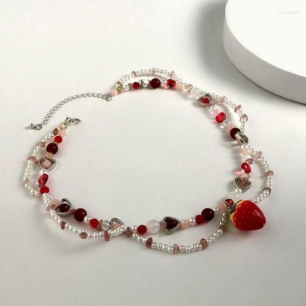 Pendentif Colliers E0BE Délicat Fraise Coeur Collier Douce Couche Imitation Perle Ras Du Cou Clavicule Chaîne Bijoux Cadeau