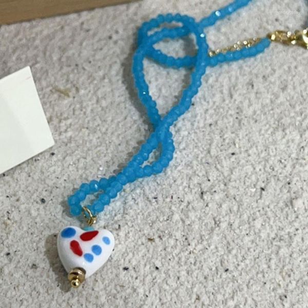 Pendentif Colliers E0BE Gemstones Perle Collier Collier Crystal-Rose Bleu Clavicule Chaîne Love-Heart Charm Bijoux Cadeau