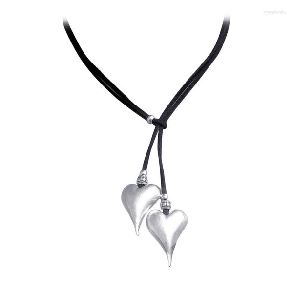 Pendentif Colliers E0BE Lariat Y Slide Collier Pour Femmes Adolescent Double Coeur Charme Pull Ras Du Cou Clavicule Chaîne De Mode Bijoux Ornement