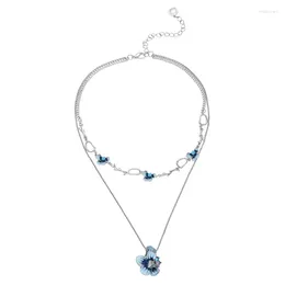 Hanger kettingen Eetit Aantrekkelijke dubbele gelaagde stapel blauw emailglas bloem ketting