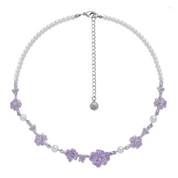 Pendentif Colliers Eetit exquis violet résine plante fleur imitation perles chaîne collier collier tempérament à la mode bijoux faits à la main 2024