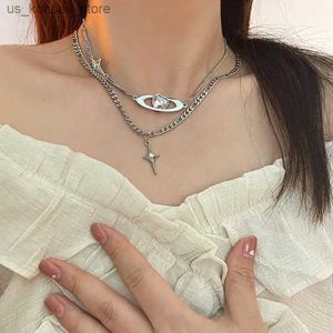 Colliers pendants Egirl Star Cross Pendante Collier en métal alliage Cosmic Crystal Peach Heart Double couche Collier Fashion Sweet Cool Y2K Jewelry240408