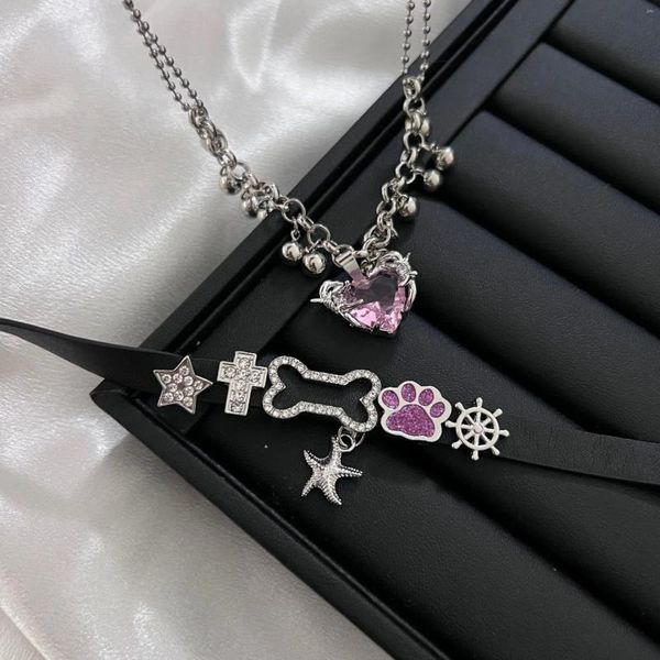 Collares colgantes egirl y2k harajuku dhinestones rosa durazno amor collar para mujeres kpop sweet star cruz bone cuero garker