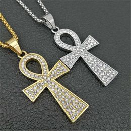 Collares pendientes Cruz de Egipto Ankh con cadena de acero inoxidable y collar de diamantes de imitación Bling Hip Hop joyería egipcia
