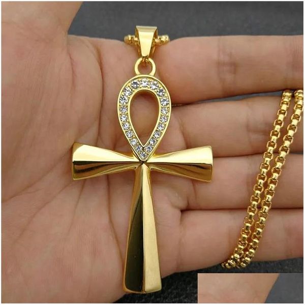 Egypte glacé Bling Ankh croix pendentif collier pour femmes et hommes clé de vie 14K or jaune bijoux égyptiens goutte Dhlfk