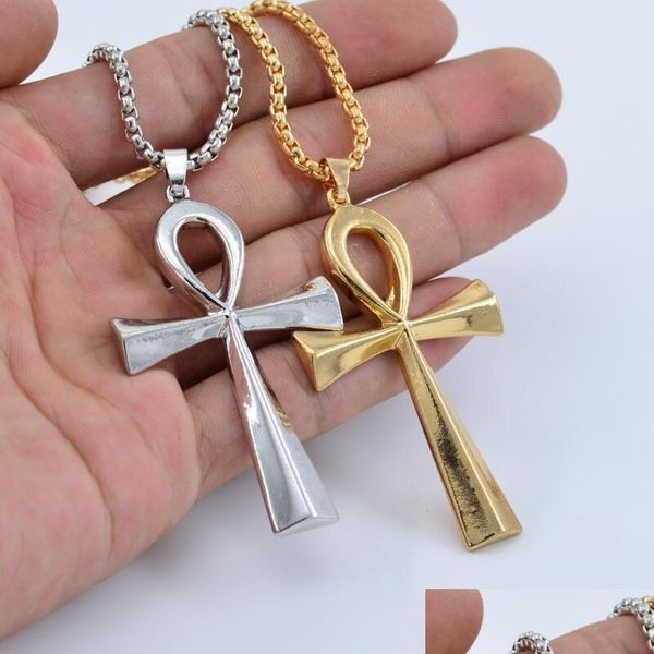 Pendentif Colliers Égyptien Ankh Crucifix Pendentifs avec chaîne en métal Symbole de la vie Croix Collier Or Sier Fashion Design Punk Hip H Dhmqx