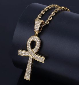 Hangende kettingen Egyptische Ankh Key Cross -hangers voor mannen Women Gold Silver Color CZ Crystal Place Bling Out Hip Hop Rapper Jewel2243806