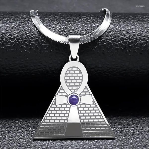 Collares con colgante Ankh egipcio clave de la vida para mujeres/hombres Color plata acero inoxidable púrpura cristal pirámide collar joyería Bijoux