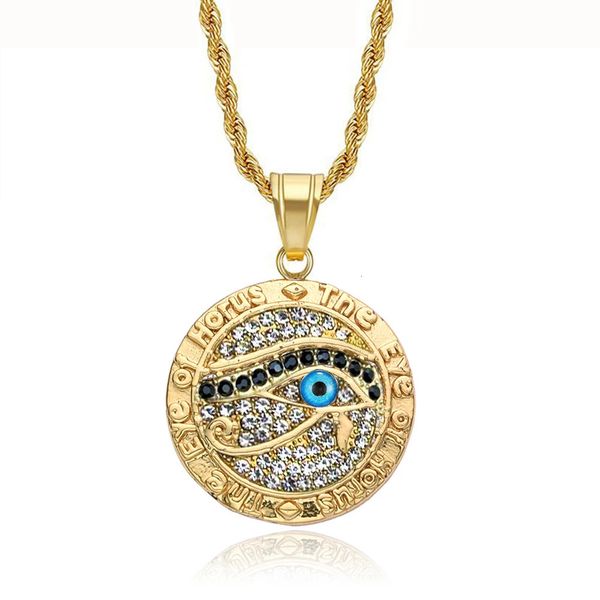 Pendentif Colliers Égyptien Oeil d'Horus Collier Chaîne Pour Hommes Femmes Or Couleur En Acier Inoxydable Rond Hiphop Antique Egypte Bijoux N1238 231129